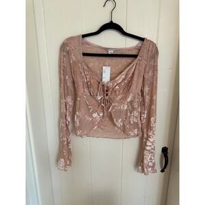 Kimchi Blue Urban Outfitters Rose Pink Floral Velvet Burnout Mesh Tie Front Top